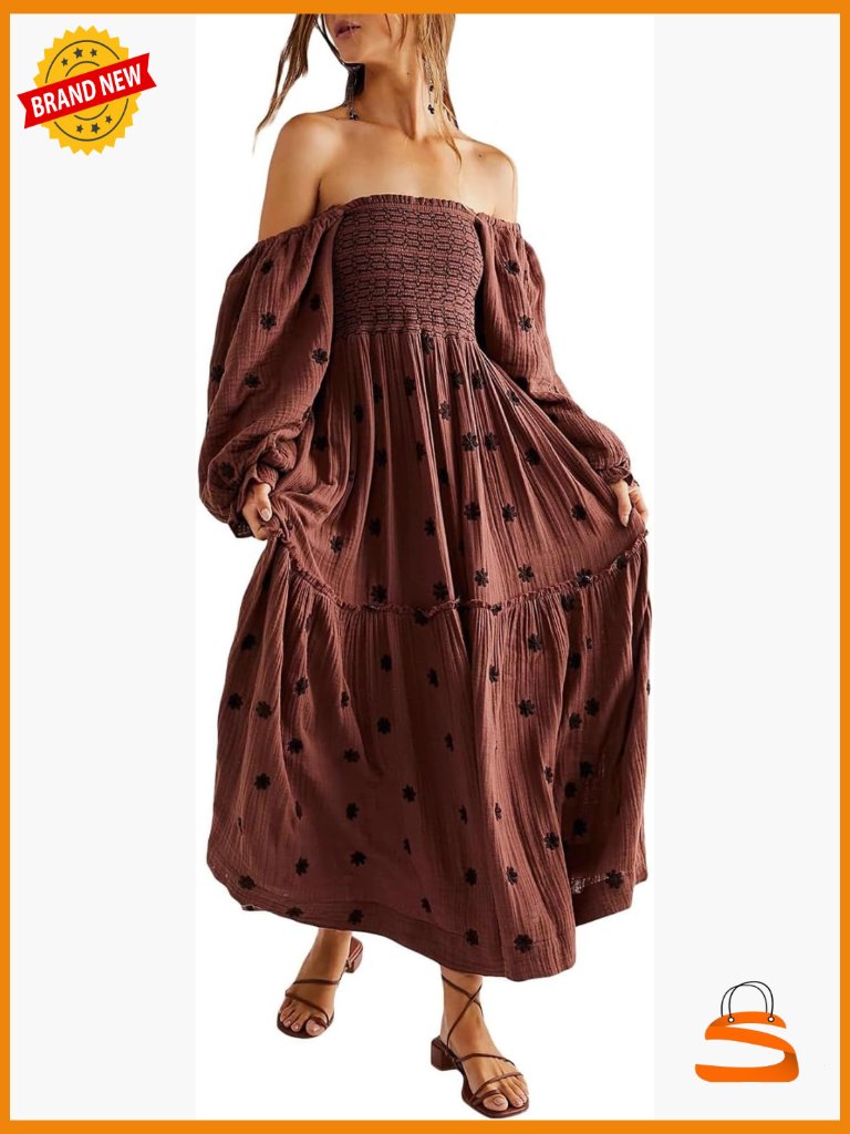 Women Flor Embroidered Maxi Dress Puff Sleeve Square Neck Boho Dress Pocket